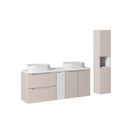 Ensemble Salle de bain Meuble double vasques + plateau blanc 140 cm + Colonne - A portes + tiroirs - Astral Beige