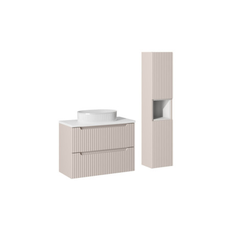 Ensemble Meuble Salle de Bain 2 tiroirs 80 cm + Vasque Sable + Plateau Blanc + Colonne - Astral - Beige crème