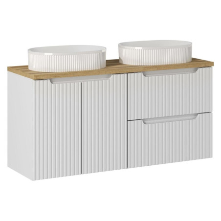 Meuble double vasques à poser + plateau effet chêne 120 cm - A portes + tiroirs - Astral Blanc