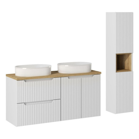 Ensemble Salle de bain Meuble double vasques + plateau effet chêne 120 cm + Colonne - A portes + tiroirs - Astral Blanc