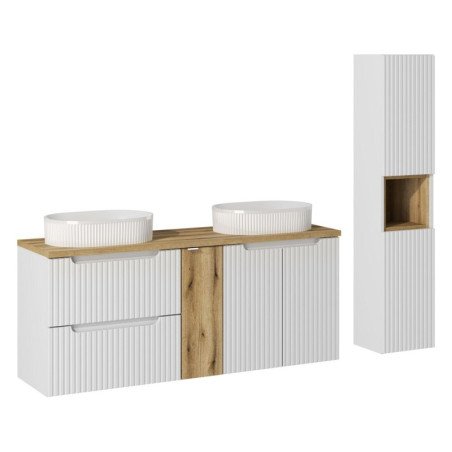 Ensemble Salle de bain Meuble double vasques + plateau effet chêne 140 cm + Colonne - A portes + tiroirs - Astral Blanc