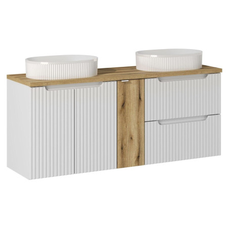Ensemble Salle de bain Meuble double vasques + plateau effet chêne 140 cm - A portes + tiroirs - Astral Blanc
