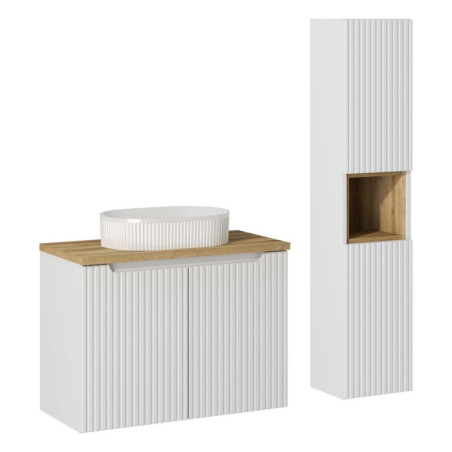 Ensemble Meuble Salle de Bain 2 portes 80 cm + Vasque + Plateau effet chêne + Colonne - Astral Blanc