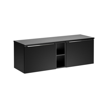 Meuble Double Salle de Bain avec Plateau L 140 cm x P 46 x H 48,5 cm - Noir et poignées chromées - Rosario Black