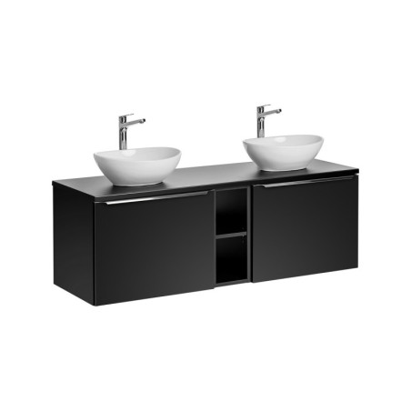 Meuble Double Vasques à poser L 140 cm x P 46 x H 48,5 cm - Noir et poignées argentées chromées - Rosario Black