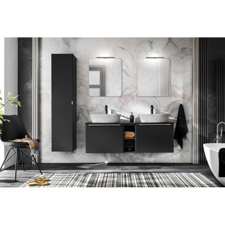 Ensemble complet Salle de Bain - Sous-vasque 180cm + 2 Vasques + Miroirs LED + Colonne - Noir et chrome argent - Rosario Black