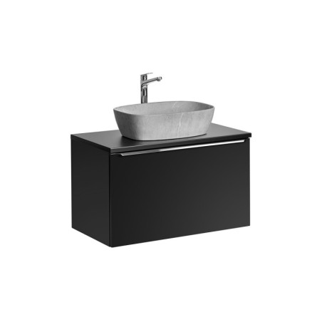 Meuble Salle de Bain 80cm avec Plateau et Vasque à poser - Noir et poignées chrome - Rosario Black