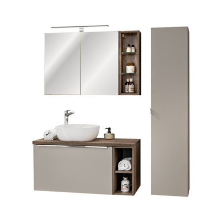 Ensemble complet Salle de Bain - Sous-vasque 100cm + Vasque + Cabinet Miroir LED + Colonne - Taupe et chrome argent - Rosario