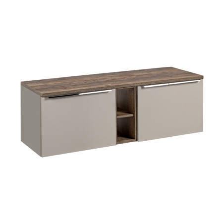 Meuble Double Salle de Bain avec Plateau L 140 cm x P 46 x H 48,5 cm - Taupe et poignées chromées - Rosario