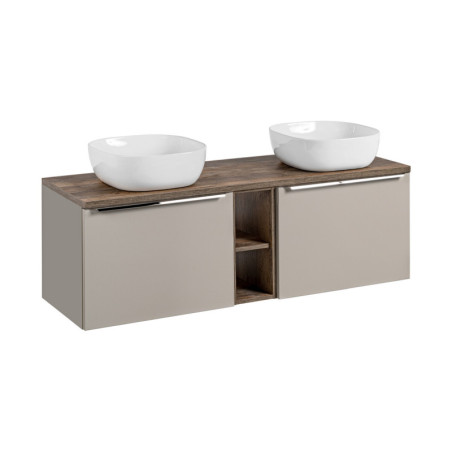 Meuble Double Vasques à poser L 140 cm x P 46 x H 48,5 cm - Taupe et poignées argentées chromées - Rosario