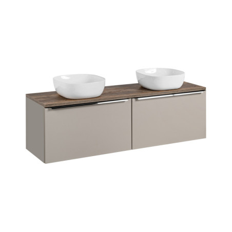 Meuble Double Vasques à poser L 160 cm x P 46 x H 48,5 cm - Taupe et poignées argentées chromées - Rosario