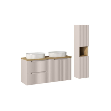 Ensemble Salle de bain Meuble double vasques + plateau effet chêne 120 cm + Colonne - A portes + tiroirs - Astral Beige