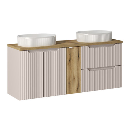 Meuble double vasques à poser + plateau effet chêne 140 cm - A portes + tiroirs - Astral Beige