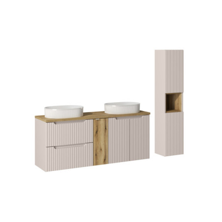 Ensemble Salle de bain Meuble double vasques + plateau effet chêne 140 cm + Colonne - A portes + tiroirs - Astral Beige