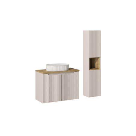 Ensemble Meuble Salle de Bain 2 portes 80 cm + Vasque + Plateau effet chêne + Colonne - Astral - Beige crème