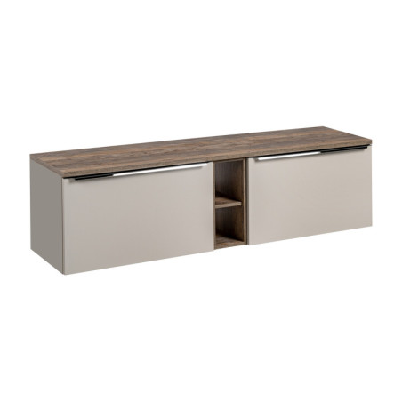 Meuble Double Salle de Bain avec Plateau L 180 cm x P 46 x H 48,5 cm - Taupe et poignées chromées - Rosario