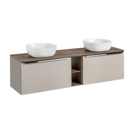 Meuble Double Vasques à poser L 180 cm x P 46 x H 48,5 cm - Taupe et poignées argentées chromées - Rosario