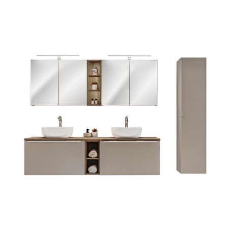 Ensemble complet Salle de Bain - Sous-vasque 180cm + Vasques + Cabinets Miroir LED + Colonne - Taupe et chrome argent - Rosario