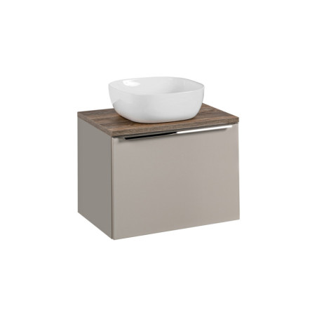 Meuble Salle de Bain 60 cm avec Plateau effet bois vintage et Vasque à poser - Taupe mat et chrome - Rosario
