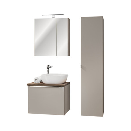 Ensemble complet Salle de Bain - Sous-vasque 60cm + Vasque + Cabinet Miroir LED + Colonne - Taupe et chrome argent - Rosario