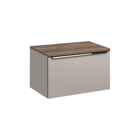 Meuble Salle de Bain 80cm avec Plateau Effet Bois Vintage - Taupe mat et poignées chromées - Rosario