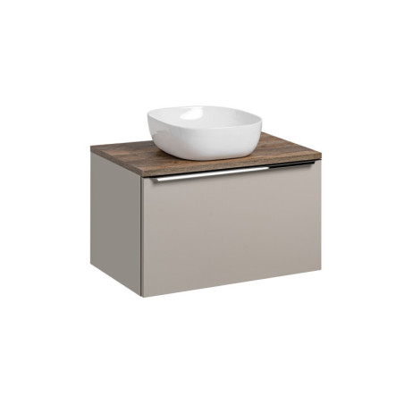 Meuble Salle de Bain 80 cm avec Plateau effet bois vintage et Vasque à poser - Taupe mat et chrome - Rosario