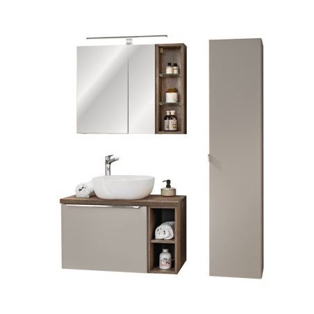 Ensemble complet Salle de Bain - Sous-vasque ouvert 80cm + Vasque + Cabinet Miroir LED + Colonne - Taupe et chrome - Rosario