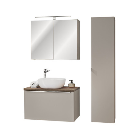 Ensemble complet Salle de Bain - Sous-vasque fermé 80cm + Vasque + Cabinet Miroir LED + Colonne - Taupe et chrome - Rosario