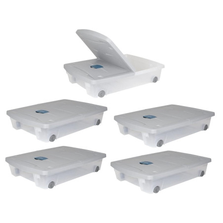 Lot de 5 boites Dessous de lit 50L à roulettes avec trappe senteur anti insectes