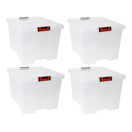 Lot de 4 Boîtes de rangement 75 L Clipstock à couvercle et roulettes - Apte contact alimentaire - Transparent