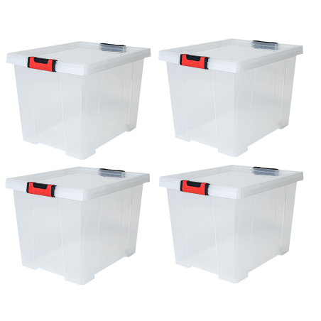 Lot de 4 Boîtes de rangement 45 L Clipstock à couvercle - Apte contact alimentaire - Transparent