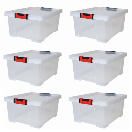 Lot de 6 Boîtes de rangement 30 L Clipstock à couvercle - Apte contact alimentaire - Transparent