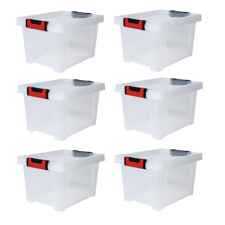 Lot de 6 Boîtes de rangement 15 L Clipstock à couvercle - Apte contact alimentaire - Transparent