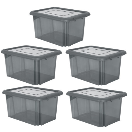 Lot de 5 Boites de rangement 55L solide à couvercle - Origine France - Gris Transparent