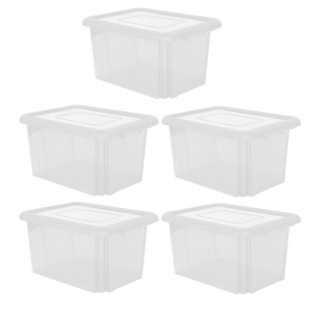 Lot de 5 Boites de rangement 55L solide à couvercle - Origine France - Blanc Transparent