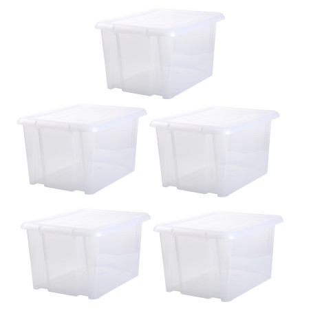 Lot de 5 Boites de rangement 80L solide à couvercle - Origine France - Blanc Transparent