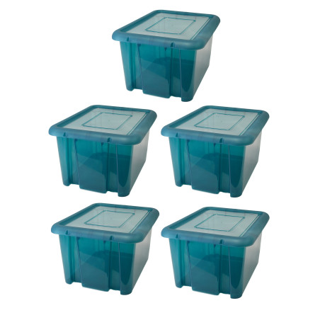 Lot de 5 Boites de rangement 80L solide à couvercle - Origine France - Bleu canard Transparent