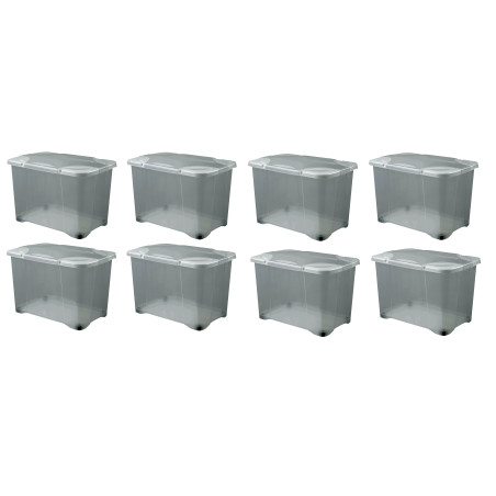 Lot de 8 Boites de rangement 60L roulettes et couvercle charnières - Origine France - Gris Transparent