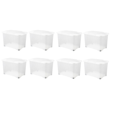 Lot de 8 Boites de rangement 60L roulettes et couvercle charnières - Origine France - Blanc Transparent