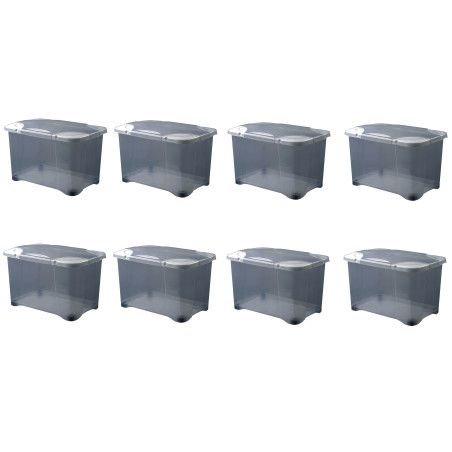 Lot de 8 Boites de rangement 40L roulettes et couvercle charnières - Origine France - Gris Transparent