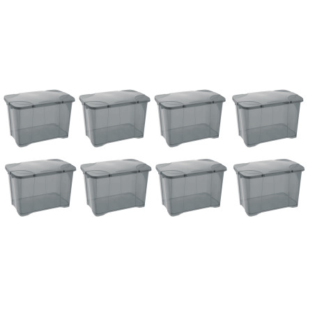 Lot de 8 Boites de rangement 40L couvercle charnières breveté - Origine France - Gris Transparent