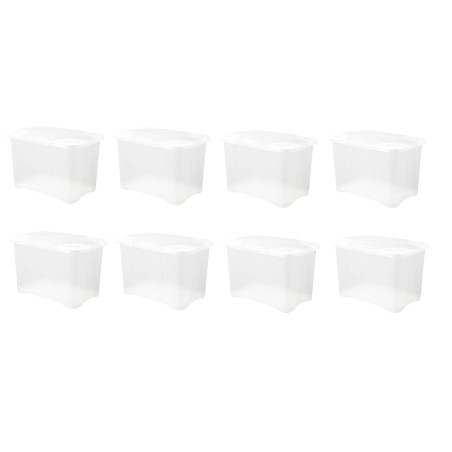 Lot de 8 Boites de rangement 40L couvercle charnières breveté - Origine France - Blanc Transparent
