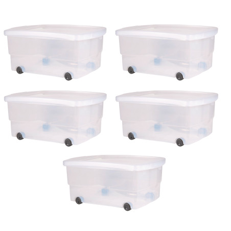 Lot de 5 Coffres à roulettes 80L soit 400L de Rangement - Fabriqué en France - Transparent