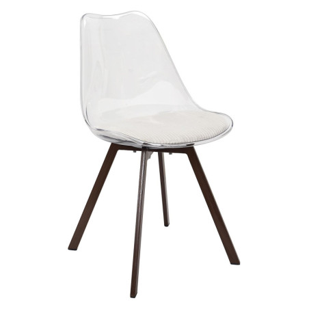 Chaise Coque Transparente avec Coussin Velours Cotelé Blanc rembourré - Piètement métal effet Bois Foncé