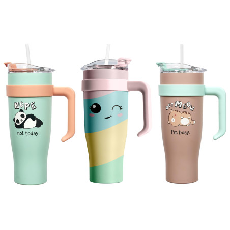 Lot de 3 mugs de Transport XXL Kawaii 1,2L - Boissons Chaudes ou Froides - Couvercle étanche multi ouvertures