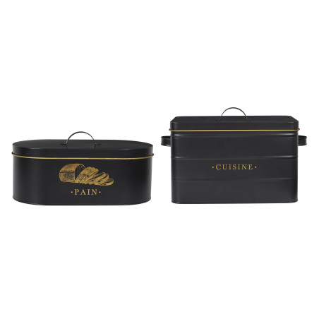 Lot de 2 Boîtes en Métal - Boîtes à Pain + Boîte générique Cuisine - Noir et Doré - Boîtes de Conservation