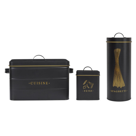 Lot de 3 Boîtes en Métal - Cuisine + Spaghettis + Pâtes - Noir et Doré - Boîtes de Conservation de Cuisine