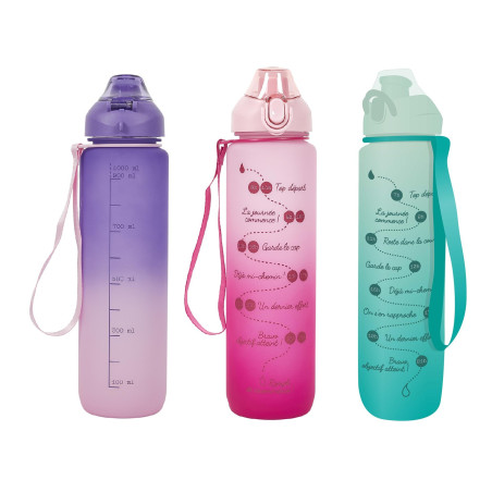 Lot de 3 Gourdes 1L Motivation Etanches et Graduées avec Sangle - Rose Bleu Violet