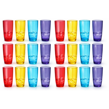 Lot de 24 Verres Haut Incassables en Plastique Alimentaire Durable - 49cL - Lave-Vaisselle - Bleu violet rouge jaune