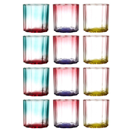 Lot de 12 Verres à Jus Colorés Dégradés 20cL - Couleurs Estivales Bleu Turquoise, Jaune, Violet, Rouge